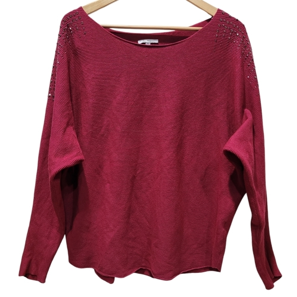 VILA MILANO XL Crew Neck Burgundy Wool Blend Ribbed Metallic Beaded Sweater
